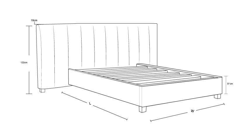 Panelled Custom Upholstered Bed Frame and Wide Head Board Dimension Drawing