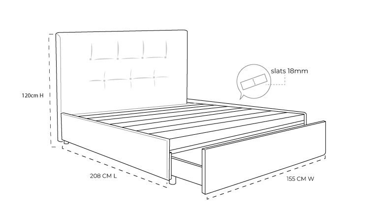 Zuzuni Upholstered Slat Bed with Drawers Dimension Drawing | Bedworks Zuzuni Upholstered Slat Bed with Drawers Dimension Drawing
