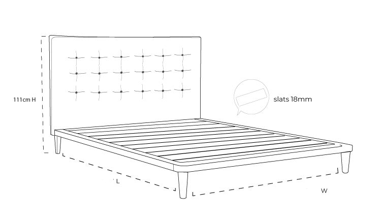 Bondi Timber Upholstered Bed Frame Dimension Drawing 