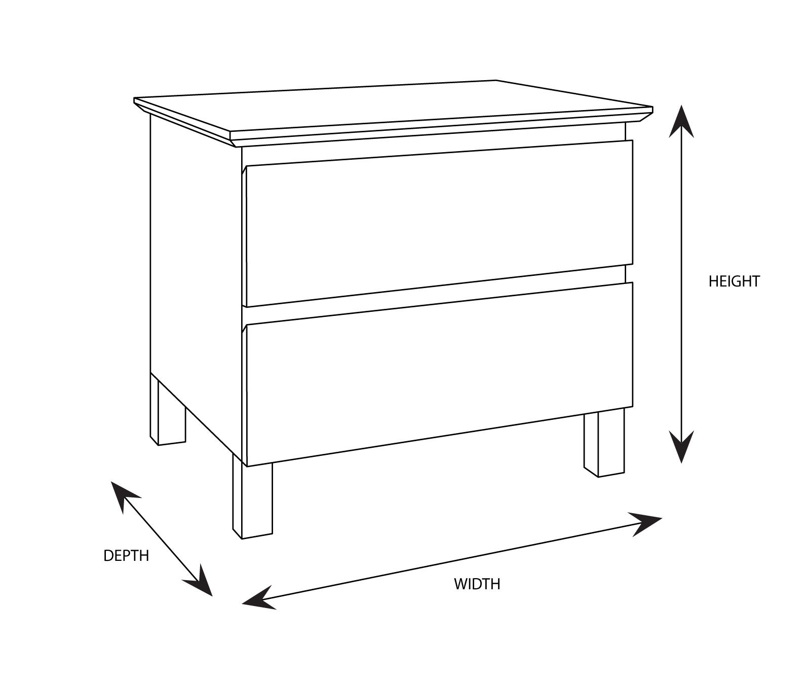 Felicia 2 Drawer Bedside Table Dimensional Drawing