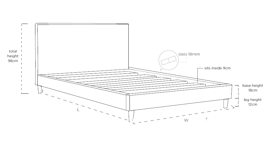 Rio Upholstered Bed Frame With Wooden Legs Dimension Drawing
