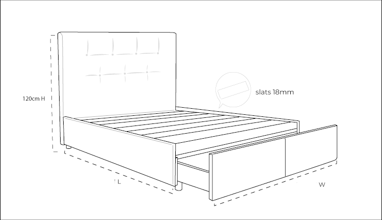 Zuzuni Fabric Bed with Drawers - Dimension Drawing