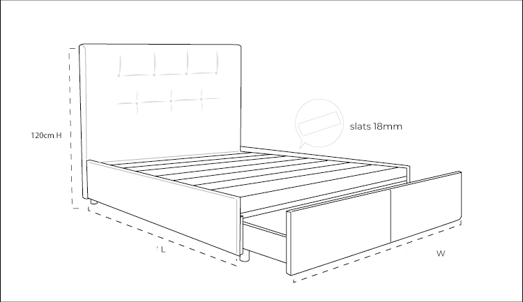 Zuzuni Fabric Bed with Drawers - Dimension Drawing 